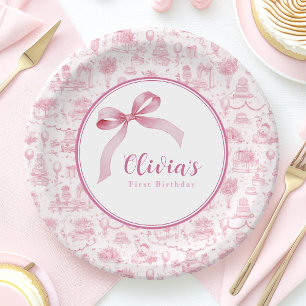 Pink Toile Coquette Bow 1st Birthday Girl Paper Plates