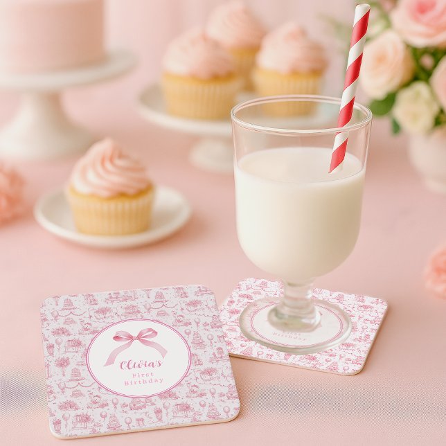 Pink Toile Coquette Bow 1st Birthday Girl Square Paper Coaster (pink coquette 1st birthday  for baby girl with ribbon)