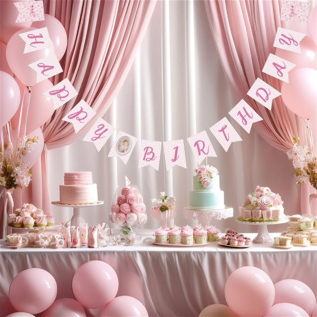 Pink Toile Coquette Bow Birthday Girl Bunting Flags (Creator Uploaded)
