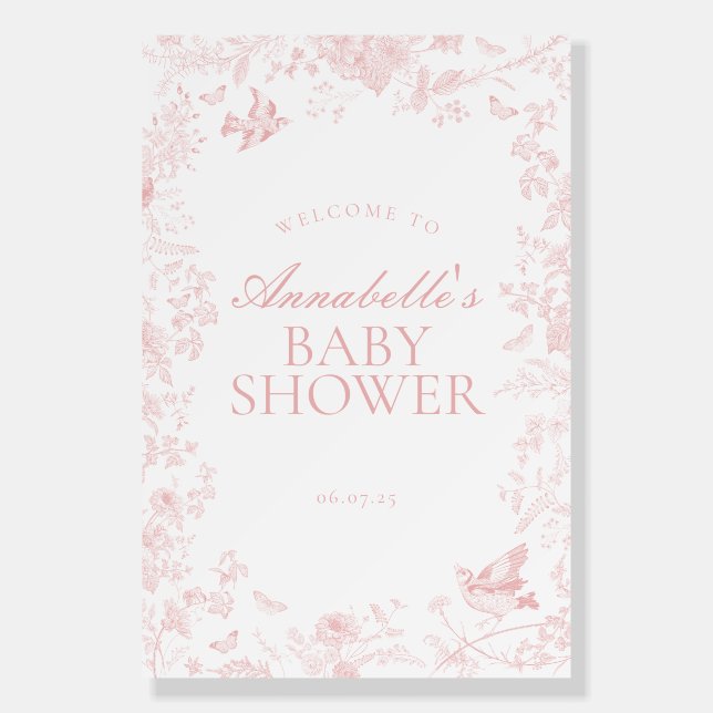 Pink Toile De Jouy Floral Baby Shower Welcome Sign (Front)