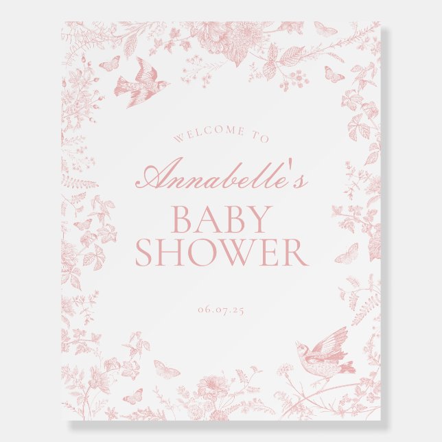 Pink Toile De Jouy Floral Baby Shower Welcome Sign (Front)
