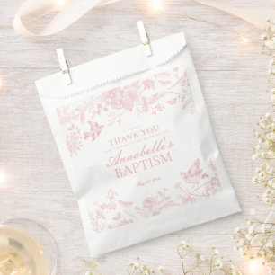 Pink Toile De Jouy Floral Baptism Dessert Favor Bag