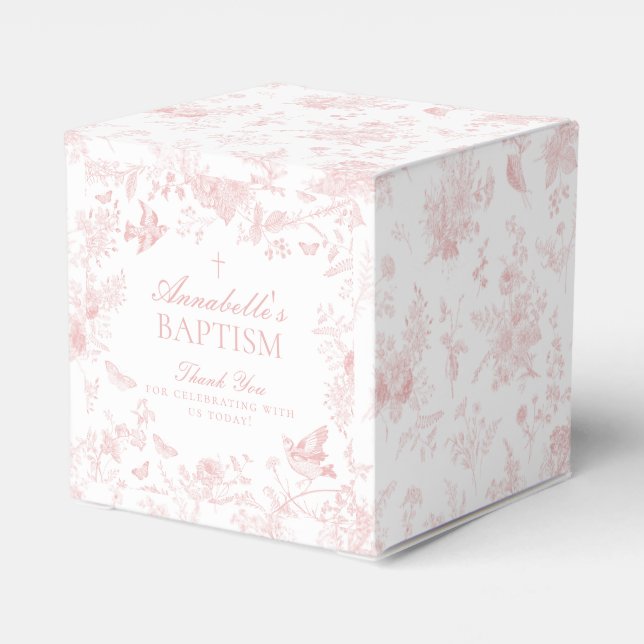 Pink Toile De Jouy Floral Baptism Favor Boxes (Back Side)