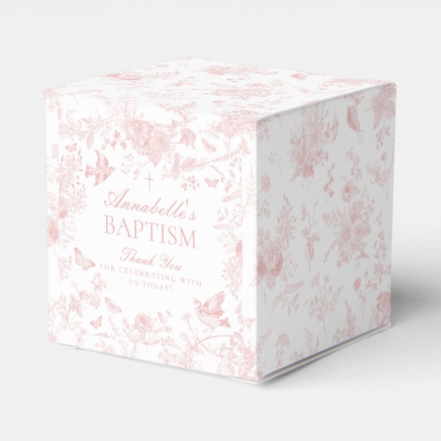Pink Toile De Jouy Floral Baptism Favor Boxes (Back Side)