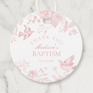 Pink Toile De Jouy Floral Baptism Favor Tags