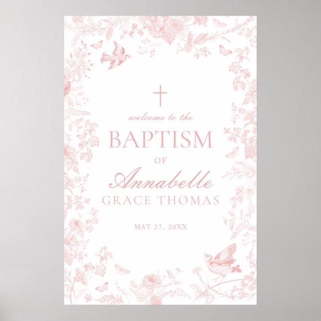 Pink Toile De Jouy Floral Baptism Welcome Sign (Front)