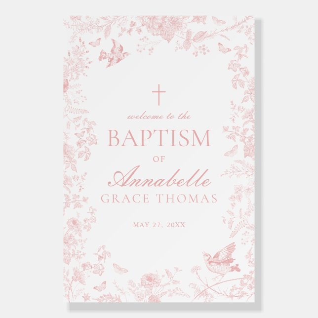 Pink Toile De Jouy Floral Baptism Welcome Sign (Front)