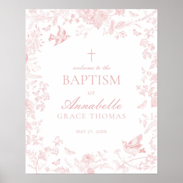 Pink Toile De Jouy Floral Baptism Welcome Sign (Front)