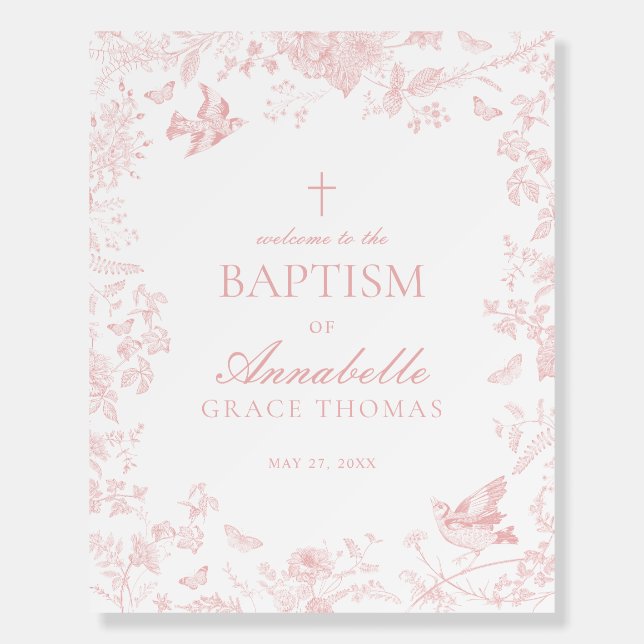 Pink Toile De Jouy Floral Baptism Welcome Sign (Front)