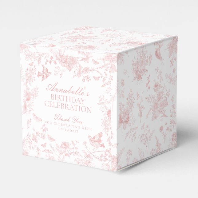 Pink Toile De Jouy Floral Birthday Party Favor Box (Front Side)