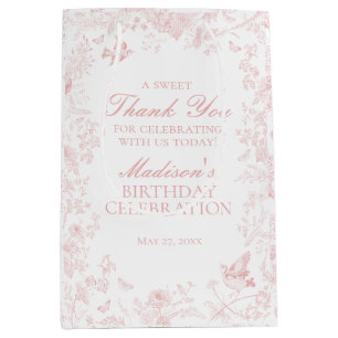 Pink Toile De Jouy Floral Birthday Party Favors Medium Gift Bag
