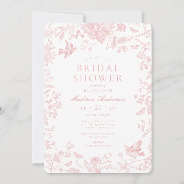 Pink Toile De Jouy French Floral Bridal Shower Invitation (Front)