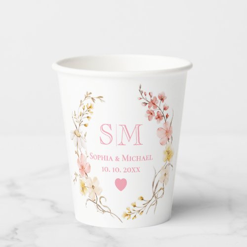 Pink Toile De Jouy or Floral Vine Wedding Monogram Paper Cups