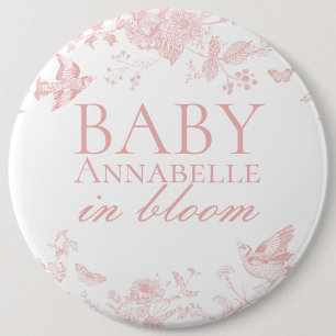 Pink Toile De Jouy Vintage Floral Baby Shower Button
