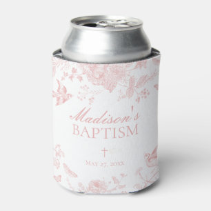 Pink Toile De Jouy Vintage Floral Baptism Can Cooler