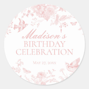 Pink Toile De Jouy Vintage Floral Birthday Favor Classic Round Sticker