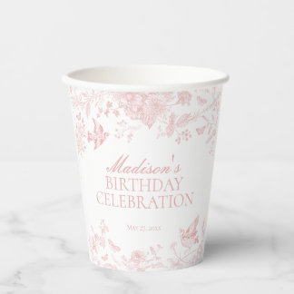 Pink Toile De Jouy Vintage Floral Birthday Party Paper Cups