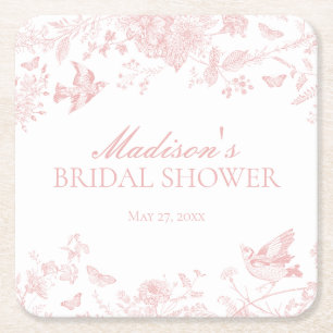 Pink Toile De Jouy Vintage Floral Bridal Shower Square Paper Coaster
