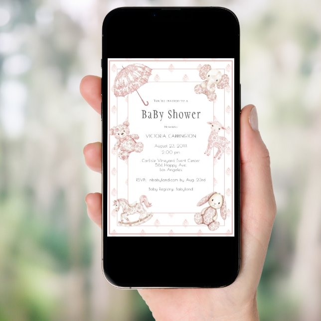 Pink Toile Elegant Girl Baby Shower Invitation (Front Digital)