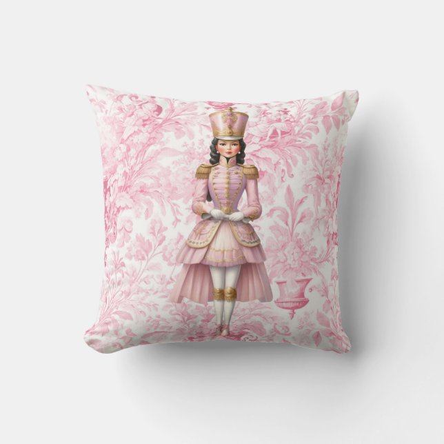 Pink Toile Female Christmas Nutcracker Throw Pillow (Front)