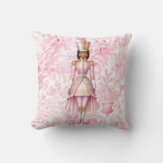 Pink Toile Female Christmas Nutcracker Throw Pillow (Front)