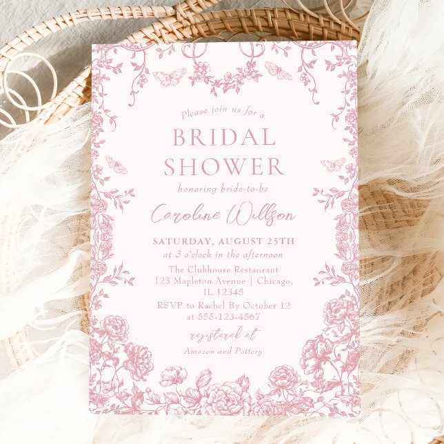 Pink Toile Floral Chinoiserie Bridal Shower Invitation (Creator Uploaded)