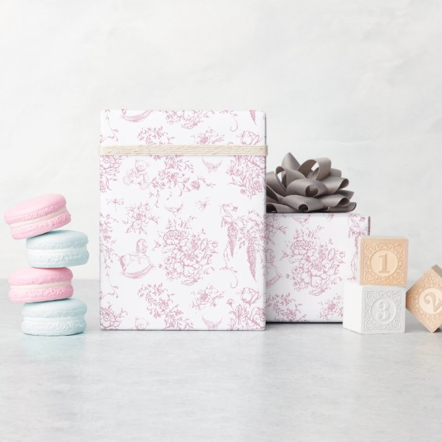 Pink Toile Floral Vintage Teddy Bear Baby Shower Wrapping Paper (Baby Shower)