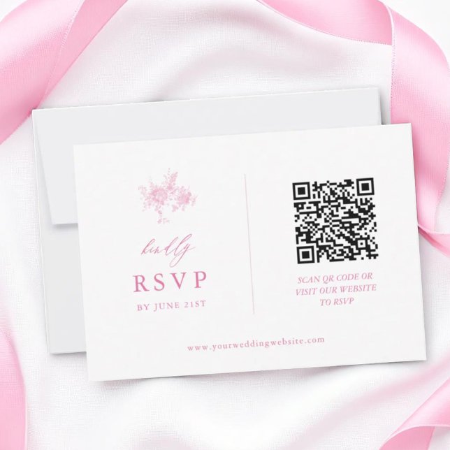 Pink Toile Floral Wedding QR Code RSVP Card (Creator Uploaded)