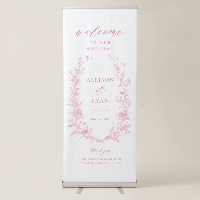 Pink Toile French Floral Wedding Welcome Retractable Banner (Front)