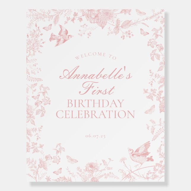 Pink Toile Jouy Floral Birthday Party Welcome Sign (Front)