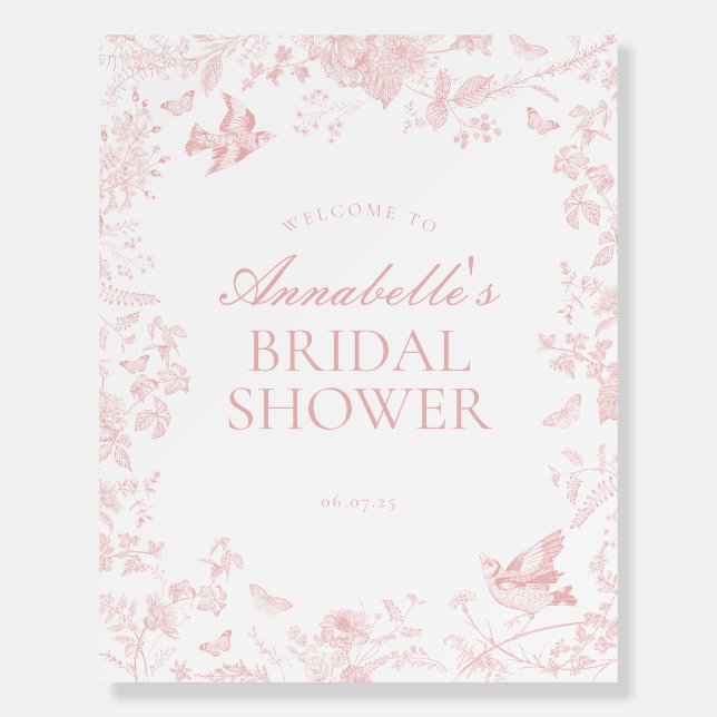 Pink Toile Jouy Floral Bridal Shower Welcome Sign (Front)