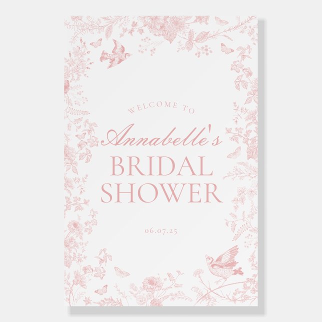 Pink Toile Jouy Floral Bridal Shower Welcome Sign (Front)