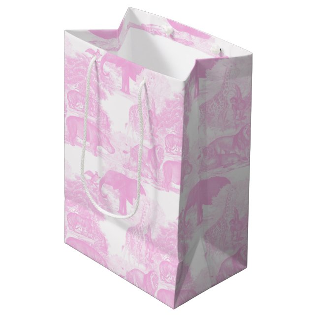 Pink Toile Jungle Animals Safari Chinoiserie Medium Gift Bag (Front Angled)