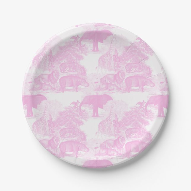 Pink Toile Jungle Animals Safari Chinoiserie Paper Plates (Front)
