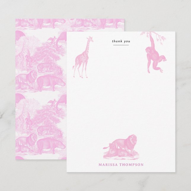 Pink Toile Jungle Animals Safari Chinoiserie Thank You Card (Front/Back)
