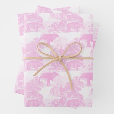 Pink Toile Jungle Animals Safari Chinoiserie Wrapping Paper Sheets