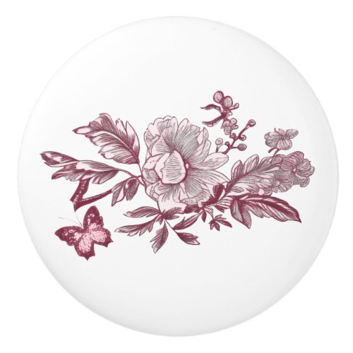 Pink Toile Peony Detail Ceramic Knob