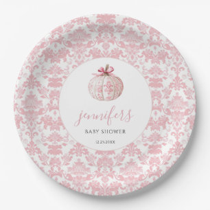 Pink Toile Pumpkin Bow Baby Girl Shower Paper Plates