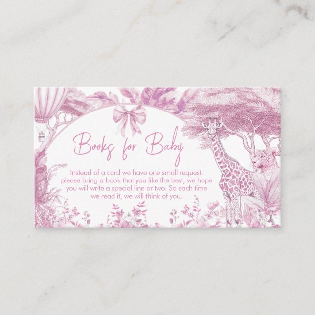 Pink Toile Safari Baby Shower Books for Baby Enclosure Card (Front)
