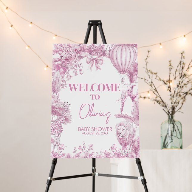 Pink Toile Safari Baby Shower Welcome Sign (In Situ (Stand))