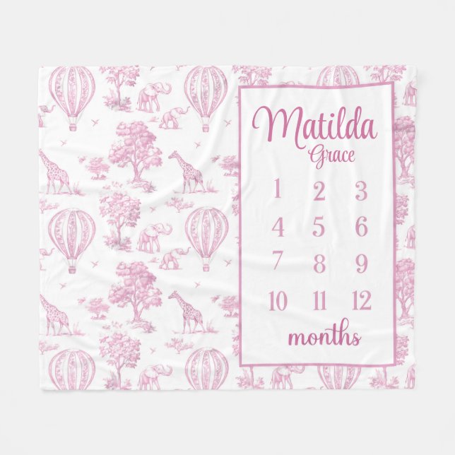 PINK TOILE SAFARI Milestone Blanket, Baby Girl Saf (Front (Horizontal))