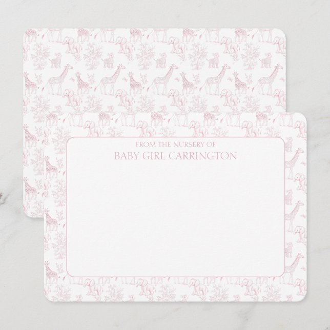 Pink Toile Safari Vintage Personalized  Note Card (Front/Back)