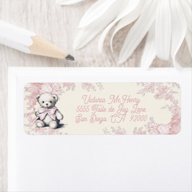 Pink Toile Teddy Bear Baby Shower Label (Insitu)