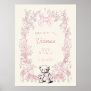 Pink Toile Teddy Bear Baby Shower Welcome Sign