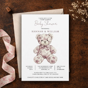 Pink Toile Teddy Bear Girl Baby Shower Invitation