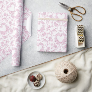 Pink Toile Vintage Hearts Ribbons Baby Shower Wrapping Paper