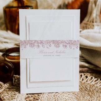 Pink Toile Wedding Invitation Belly Band Floral