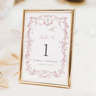 Pink Toile Wedding Table Number Card Chinoiserie