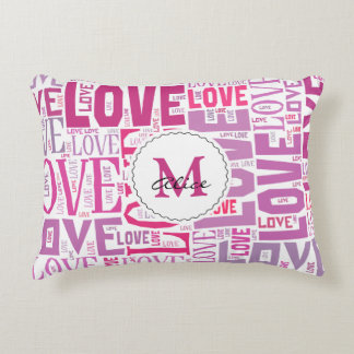 Pink Tone Inscriptions Love Pattern with Monogram Decorative Pillow