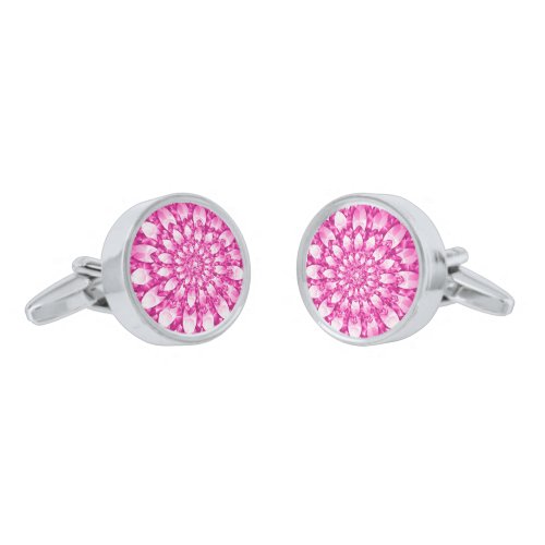 Pink Tones Diamonds Print Mandala Design Silver Cufflinks